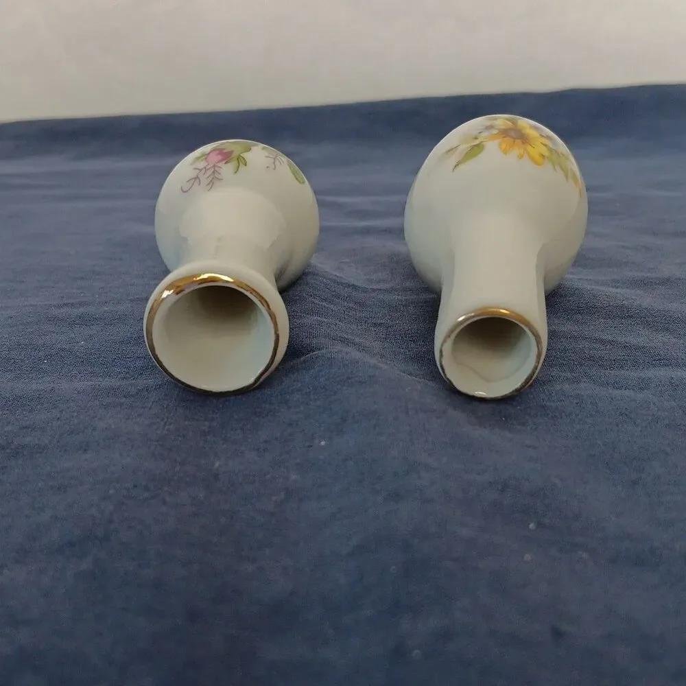 Miniature Vase 2 1/2” Tall Porcelain  Yellow and Pink Flowers Gold Rim